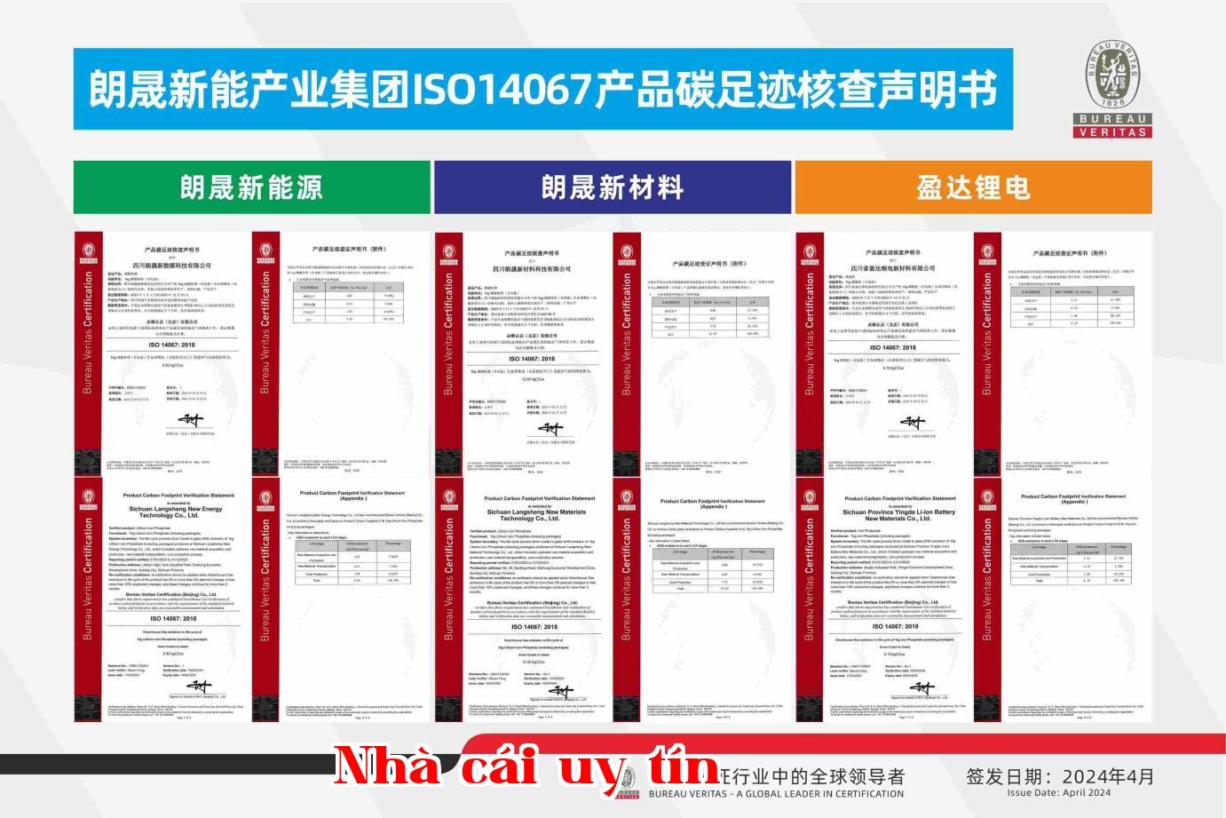 Tuyên bố xác minh dấu chân carbon sản phẩm nhóm ngành năng lượng mới Langsheng ISO14067